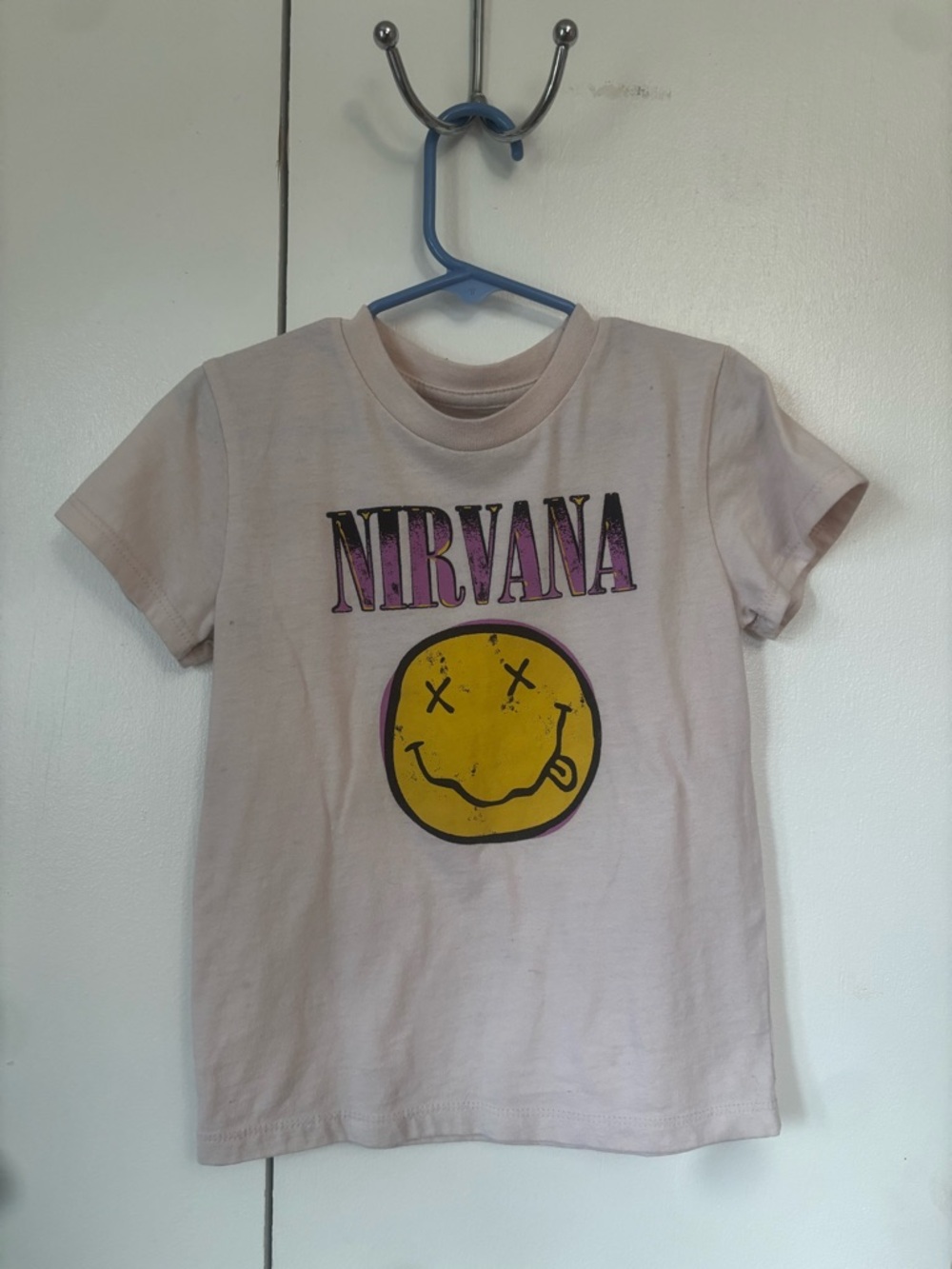 NIRVANA Band Pink Kids' Short Sleeve Tee with Yellow Smiley Face
